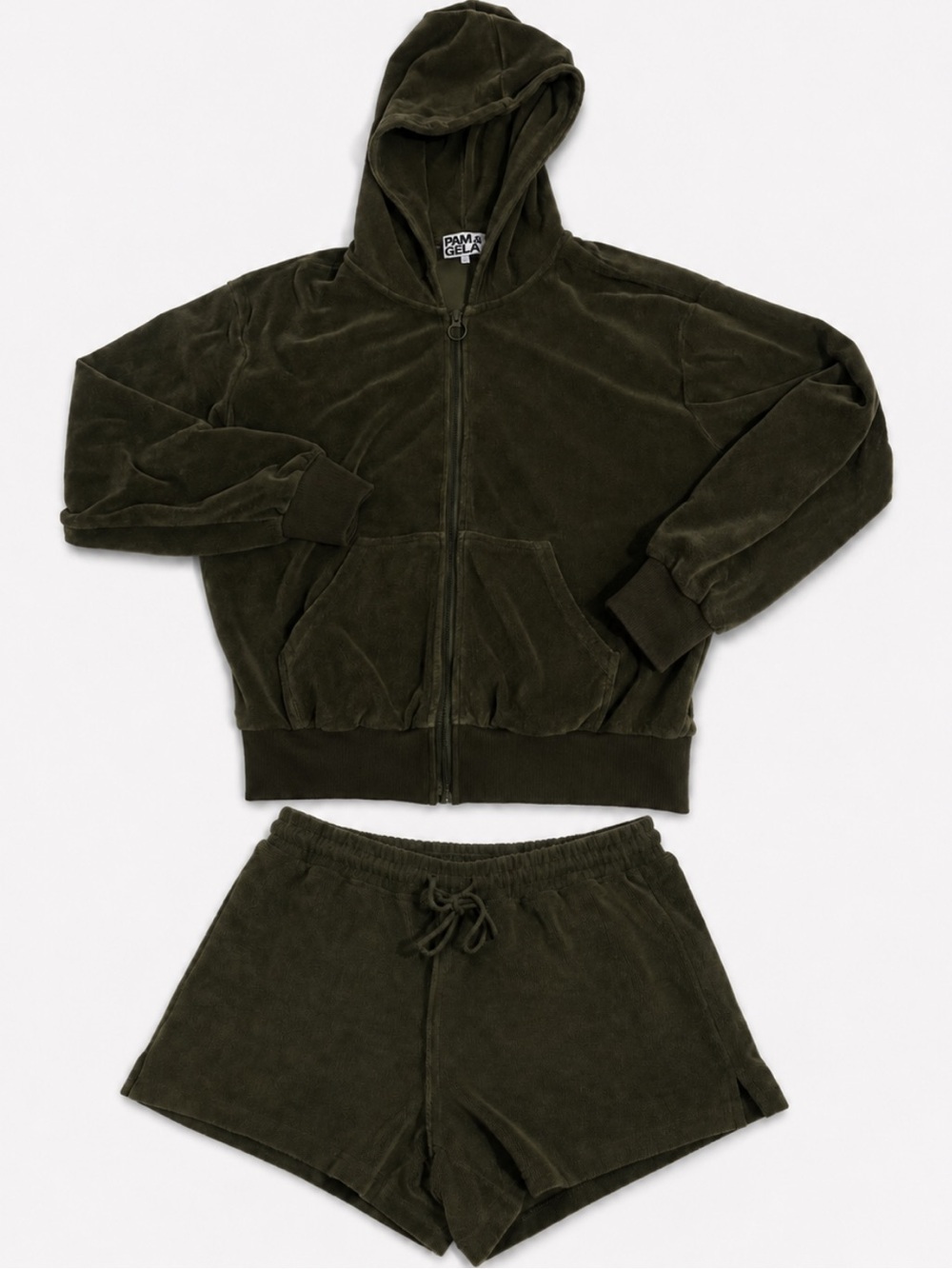 Pam & Gela Olive Green Matching Set Terry Cloth Jacket and Shorts Size Small